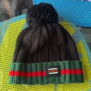 Black Knit Beanie with Green and Red Stripe